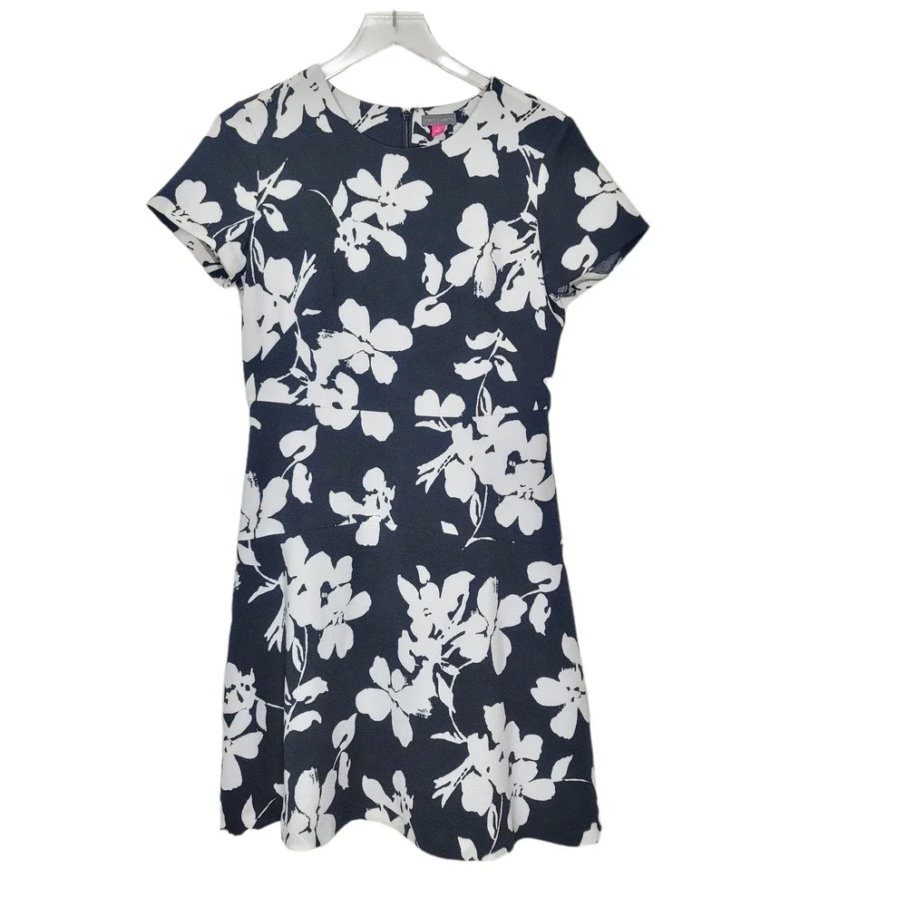 Vince Camuto Short Sleeve Fit & Flare Floral Dress Size 6 Navy Blue & White